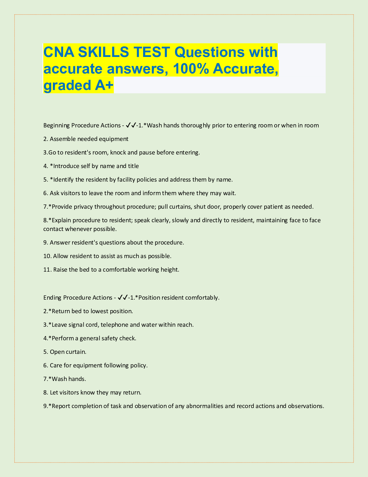 Preview image for CNA SKILLS TEST Questions with  accurate answers, 100% Accurate,  graded A+